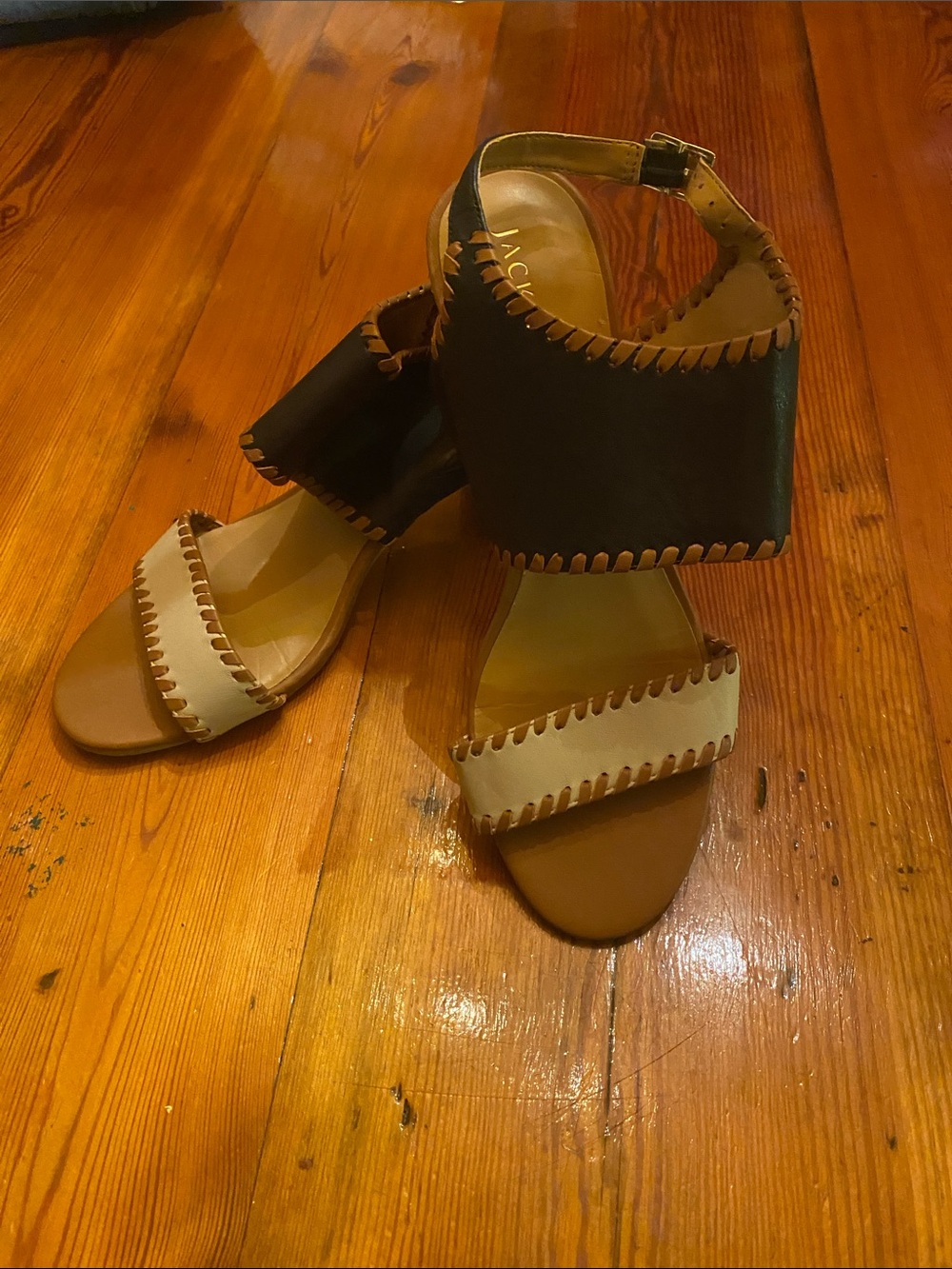 Jack Rogers Black and Cream Whipstitch Leather Sandals